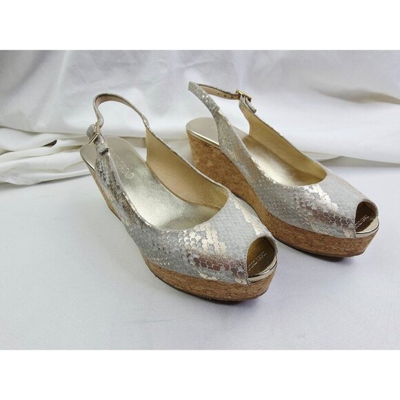 Jimmy Choo Size 38.5 (US 8.5) Womens Snake Print Peep Toe Sling Back Logo Wedge - Picture 15 of 16